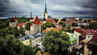 Blick auf die Altstadt von Tallinn, Estland, mit mittelalterlichen Türmen, roten Dächern und grünen Bäumen