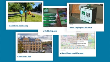 Grafik mit fünf Motiven zu Smart City Projekten aus Bad Belzig, Detmold, Zwönitz und einem Open Playground Manager 