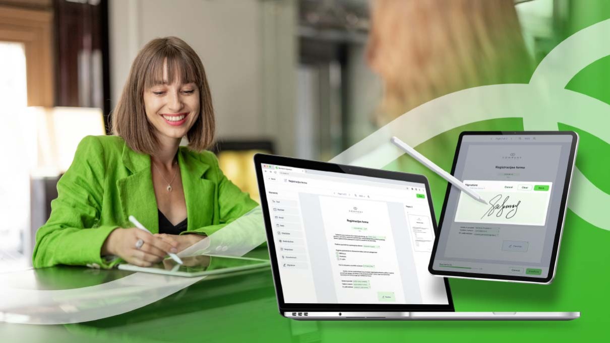 An image of a business professional using a digital pen and tablet to sign a document in an office setting.