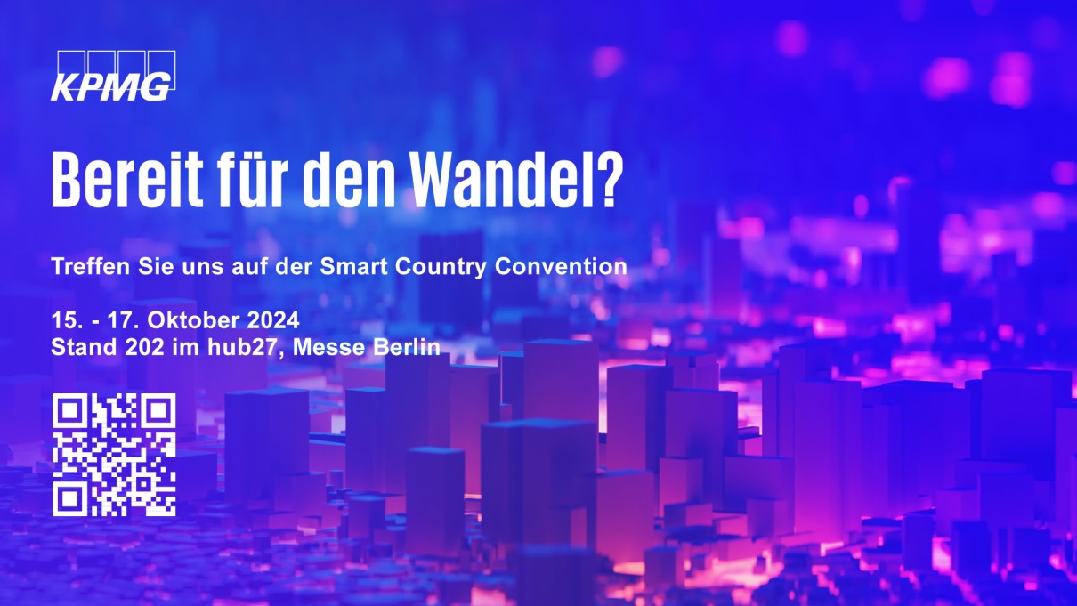 KPMG graphic with the slogan ‘Ready for change? Meet us at the Smart Country Convention; 15-17 October 2024 Stand 202 at hub27, Messe Berlin’ 