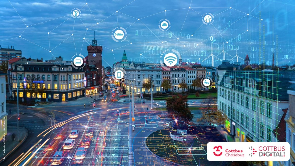 City view of Cottbus/Chóśebuz with a graphic design intended to symbolize the digital transformation in various areas.