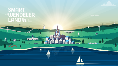 Graphic “Smart Wendeler Land” with a city view of the district town of St. Wendel and sights of the surrounding municipalities