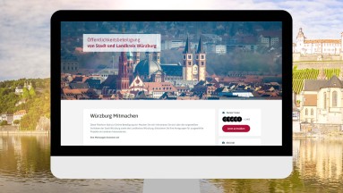 Im Hintergrund eine Stadtansicht von Würzburg, im Vordergrund ein Monitor mit der digitalen Beteiligungsplattform von Würzburg 